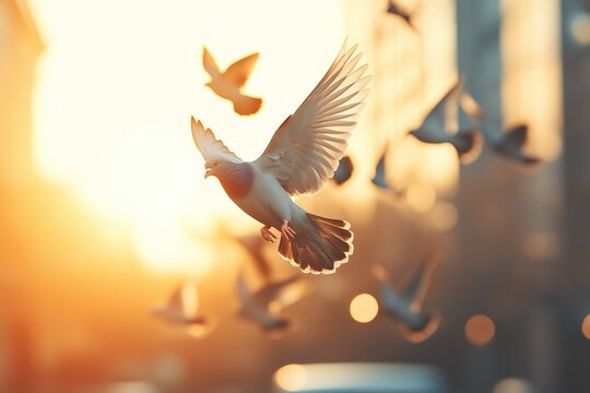 Flock of pigeons gracefully flying through a cityscape, illuminated by the warm glow of a setting sun. The scene captures the beauty of urban wildlife in a serene, minimalist style - Powered by Adobe
