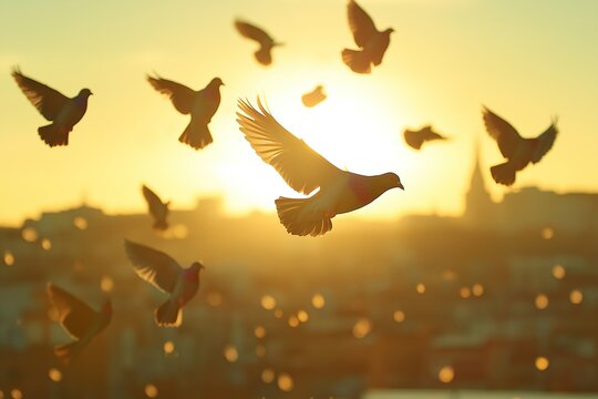 Flock of pigeons gracefully flying across a vibrant sunset sky. The warm golden light creates striking silhouettes, capturing the essence of freedom and tranquility in an urban setting