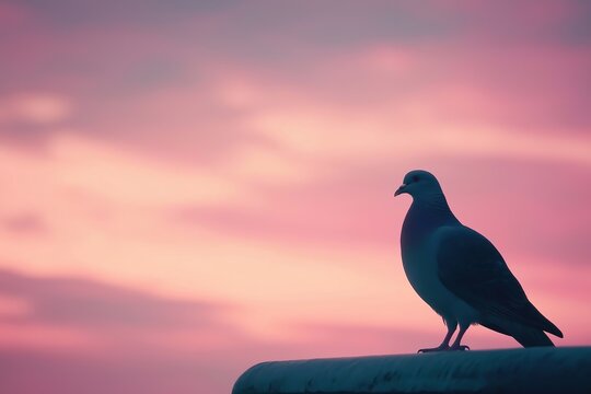 Solitary pigeon perches gracefully on a ledge, silhouetted against a stunning pink and purple sunset sky, embodying tranquility and solitude in a minimalist composition