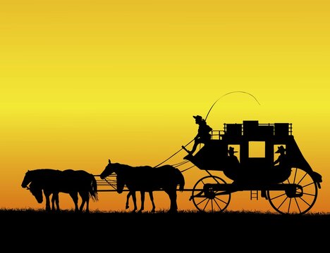 Four horses stage coach wagon on the prairie, vector illustration