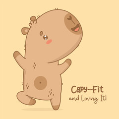 Adorable Capybara Athlete is engaged in fitness. Funny cartoon kawaii character animal sportsman yogi with motivational quote. Vector illustration. Kids collection