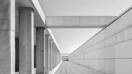 Obraz premium A symmetrical greyscale image of a corridor lined with columns, AI generated