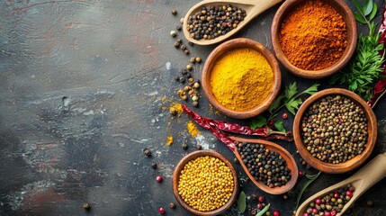 Colorful spices in rustic bowls on dark surface