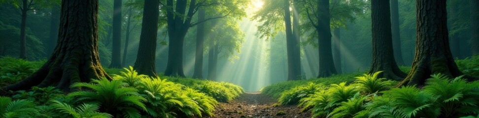 Tall trees stretch towards the sky amidst a sea of ferns and moss, serene, foliage