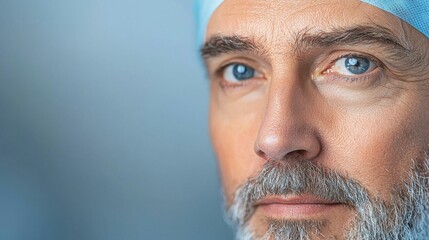 Obraz premium Close Up Portrait Of A Man With Blue Eyes Wearing A Surgical Cap