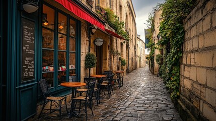Fototapeta premium Charming Parisian Alleyway: A quaint cobblestone street in Paris, lined with charming buildings, features a captivating cafe with a red awning, inviting patrons to enjoy the city's ambiance. 