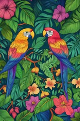 Obraz premium Vibrant Tropical Parrots in Lush Jungle . Children coloring page