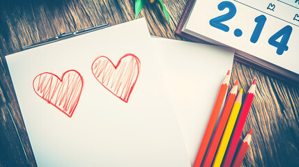 Fototapeta premium Calendar with February 24th and Two Hearts, Colored Pencils Beside. Symbolizing an Exciting Day for Lovers on a Wooden Table with Space for Text or Images.