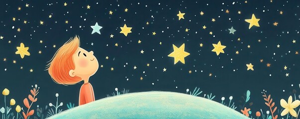 Obraz premium inspiration flat design front view person looking at a starry night cartoon drawing colored pastel