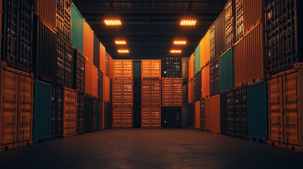 Fototapeta premium Industrial storage area with stacked shipping containers