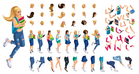 Isometric cartoon people, 3D Set for creating Girl Student person. Full length gestures isolated, N2. Create your own design for vector