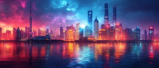 Fototapeta premium A captivating illustration of a vibrant city skyline at night, illuminated by colorful lights, the mesmerizing scene in evocative 4k 