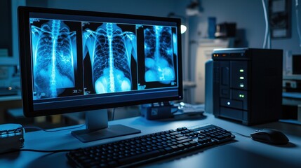 Naklejka premium Medical workstation with a computer displaying x-ray images.