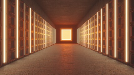 Long corridor with rows of servers on either side. the servers are arranged in a grid-like pattern, with each server facing towards the right side of the image.