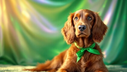 Portrait of a cute Irish Setter dog with a green bow.