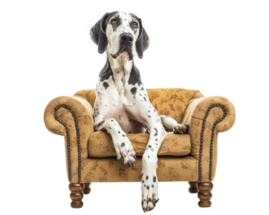 Great Dane sitting on small sofa, oversized and funny, showcasing its unique personality and charm. This captures delightful moment of large dog in cozy setting