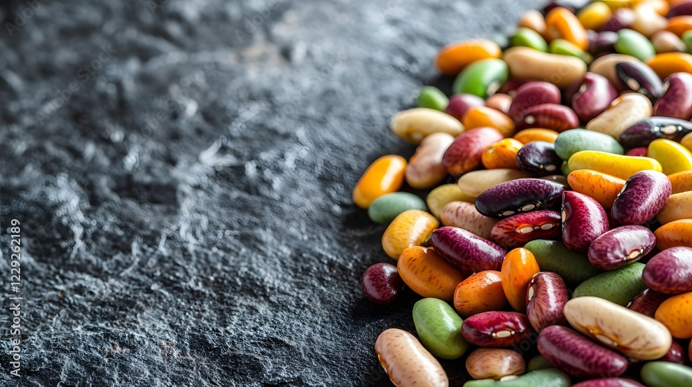 Wall mural Beans Nutritious Superfood, Vibrant Mix of Colorful Beans Spilling Onto a Rustic Slate Background