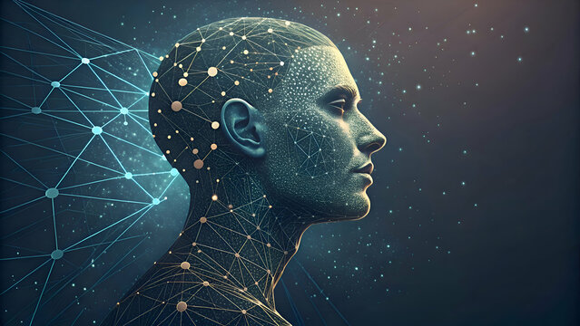 the head of the person,Artificial Intelligence, abstract artistic human head portrait made of dotted particles array, vector software digital visual interface