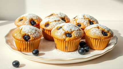 Appetizing blueberry muffins with a golden crust are neatly laid out on a snow-white porcelain tray. They are covered with a layer of powdered sugar on top.