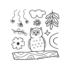 Cute card with kid scribble doodle. Hand drawn childish funny simple illustration. Owl, flowers and leaves children draw style design