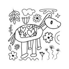 Cute card with kid scribble doodle. Hand drawn childish funny simple illustration. Horse, flowers and leaves children draw style design