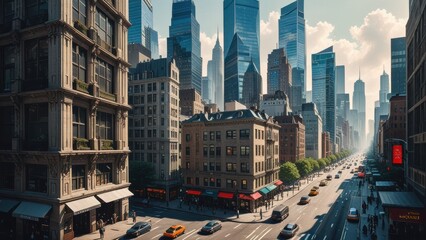 A bustling cityscape with skyscrapers and busy streets