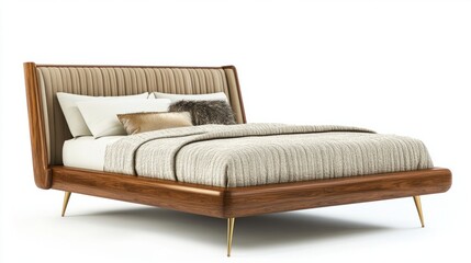 High-end mid-century modern bedroom with a floating wooden bed frame, gold metal accents, and textured statement decor