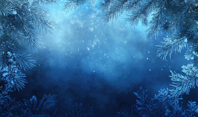 Obraz premium Frosted Pine Branches with Blue Bokeh Background