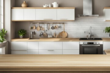 Modern kitchen with white cabinets, wooden countertop, and neatly arranged kitchenware and plants, AI generated