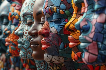 Obraz premium Vividly colored textured faces with detailed cultural patterns in a close composition, illustration, AI generated