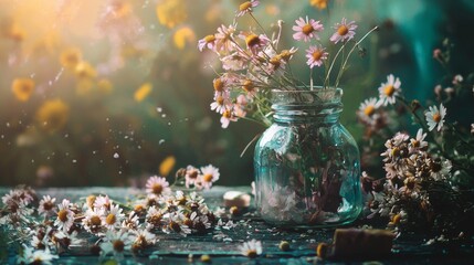Rustic mason jars with spring flowers