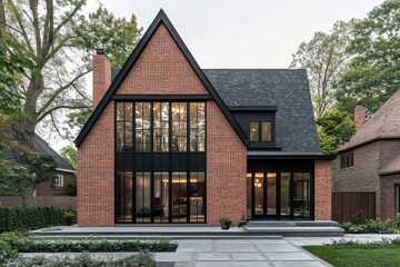 Modern house design features a striking blend of brick and glass in a serene neighborhood, showcasing architectural elegance amidst lush greenery and natural light