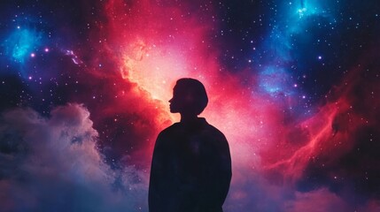 Obraz premium Silhouette of a person against a vibrant cosmic background filled with stars and colorful nebulas