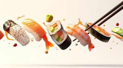 Flying pieces of sushi are placed between chopsticks. Levitation sushi and rolls with sauce , Japanese food photo, white background vertical poster composition