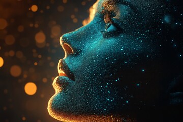 Stock's wireframe face in cyberspace, set against an interactive technology backdrop