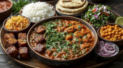 Obraz premium Kashmiri feast with paneer tikka, rice, chickpeas, and pickled onions on a wooden platter, AI generated