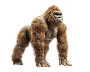 Fototapeta premium Large, furry brown gorilla stands on transparent background