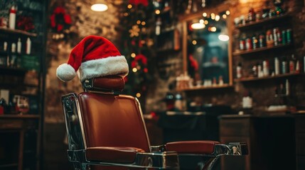 Barber chair decorated for Christmas holiday in stylish barbershop with festive atmosphere