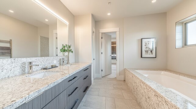 Minimalist luxury bathroom with light granite vanity, wall-mounted sleek fixtures, and an LED backlit mirror.