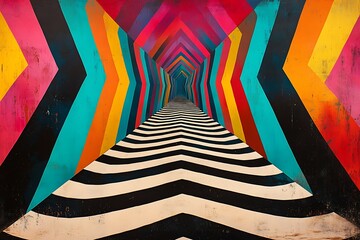A mesmerizing op-art collage featuring a labyrinth of zigzag lines that seem to twist and turn, creating a sense of visual disorientation. The artwork celebrates the art of visual puzzles and 