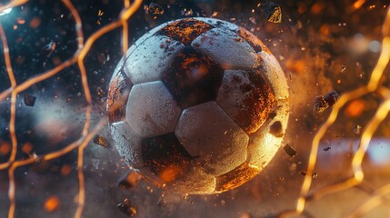 Realistic soccer ball hitting the net. Football championship in the arena. High definition of a rolling soccer ball with added particle effects.
