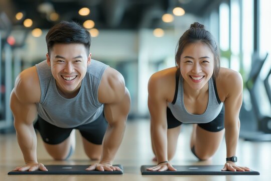 The Dynamic Fitness Duo is intensely engaged in pushup workouts at a modern gym, demonstrating their dedication to athleticism and healthy living through rigorous exercise routines