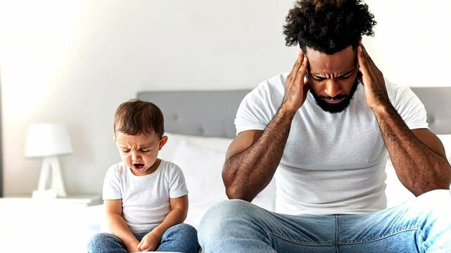 A frustrated father holds his head as his young child cries beside him in a bright room, showcasing the challenges of parenting and emotional strain.