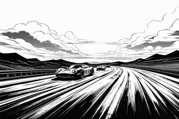 Fototapeta premium Race car on race track, black and white line art, AI generated