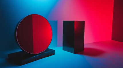Geometric shapes in vibrant red and blue lighting