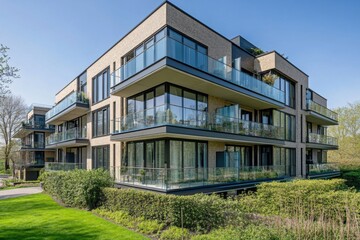 Modern residential building featuring elegant balconies and green landscaping in a serene neighborhood during a sunny day