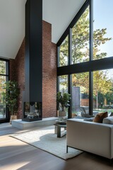 Fototapeta premium Cozy modern living room with large windows and minimalist decor showcasing natural light and a stylish fireplace in a contemporary home