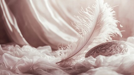 Soft white feather on pastel fabric