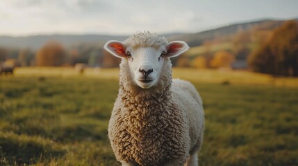 Naklejka premium A fluffy sheep stands gracefully amidst soft grass in a picturesque meadow, surrounded by gentle hills