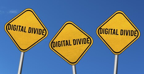 Digital divide, yellow signs with blue sky